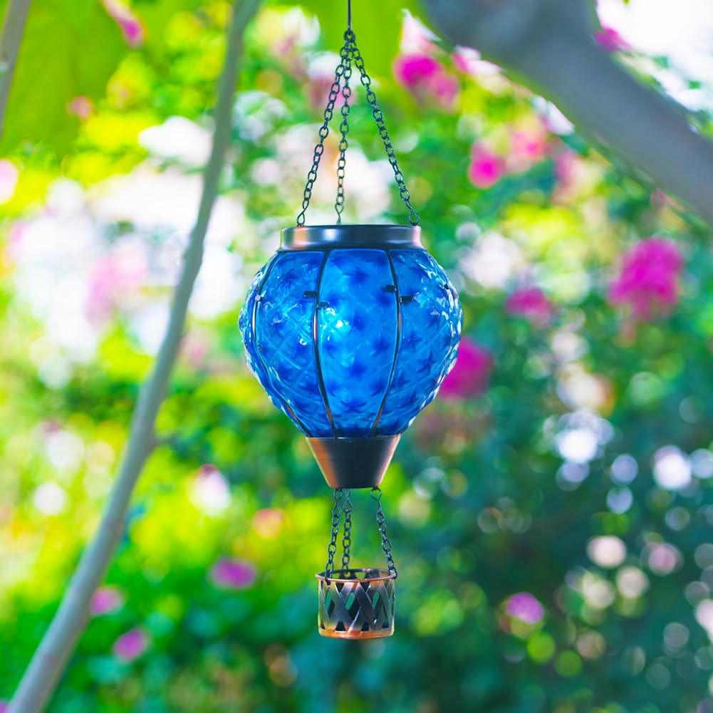 Solar Hot Air Balloon Lantern with Flame,Glass Solar Hanging Lights Outdoor Waterproof,Hot Air Balloon Solar Blue Star Lamp Decorative for Lawn Porch Tree Yard