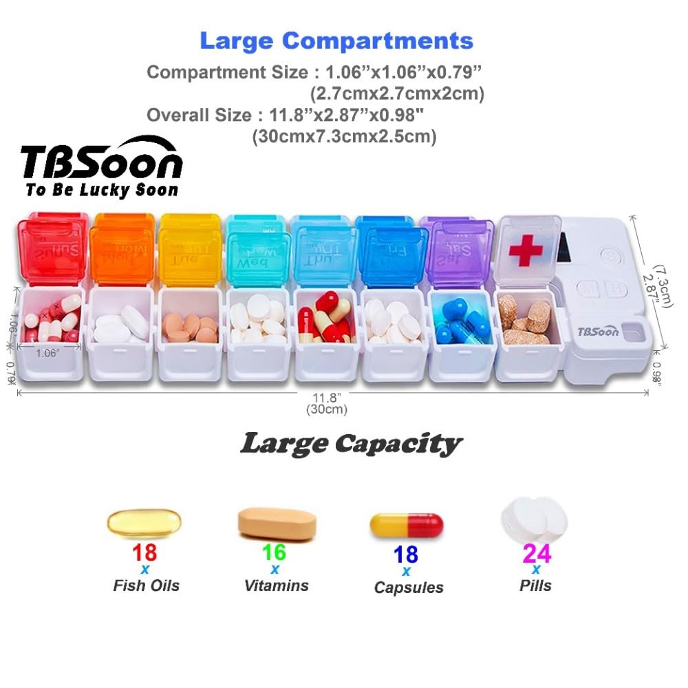 7 Day Medicine Pill Organizer, 4 Reminder Alarms, Loud Sound, 14 Large Compartments, Large Screen, Moisture-Proof, Travel Weekly/Daily Pill Box/Organizer/Case/Container/Dispenser, AM/PM 2 Times a Day