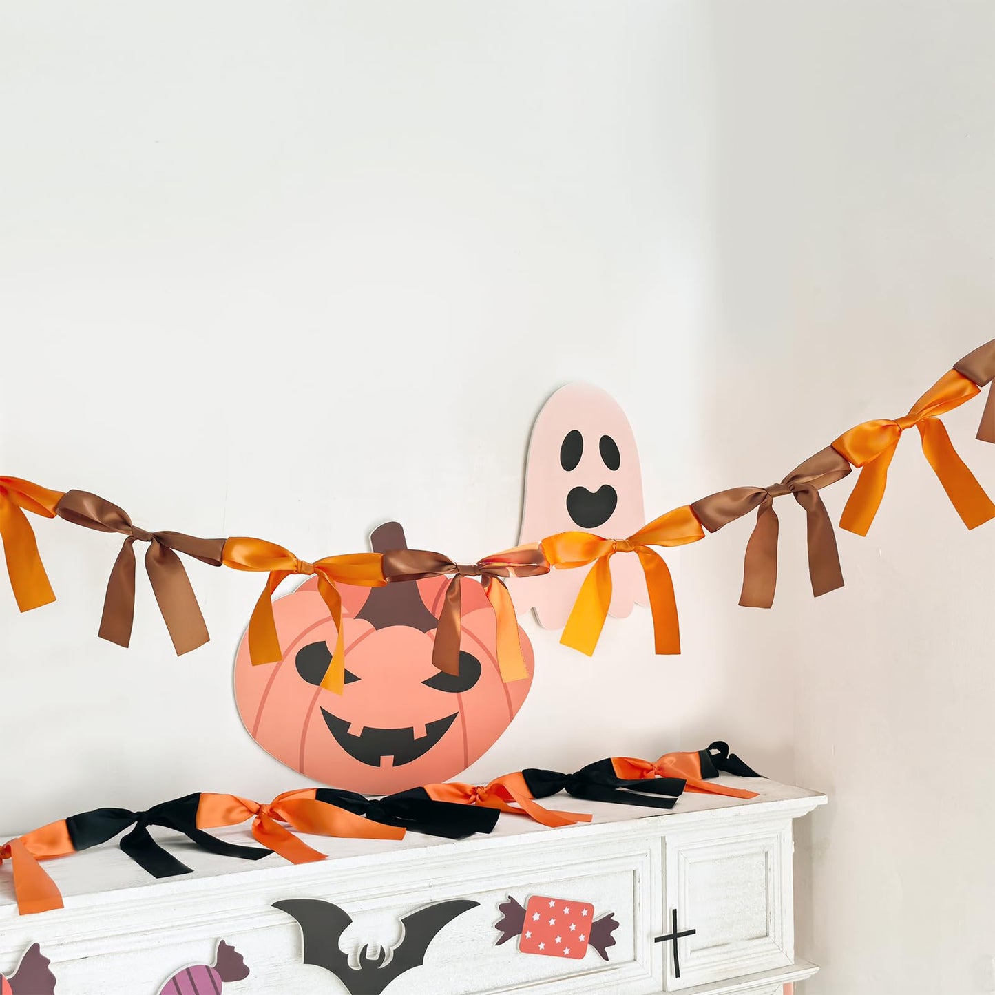 Eanjia Fall Bow Knot Garland | 6ft Linking Satin Bow Banner with 3ft Extend Ribbon for Thanksgiving Party, Autumn Banners Signs, Brown Bed Decor (Orange & Brown, 6ft)