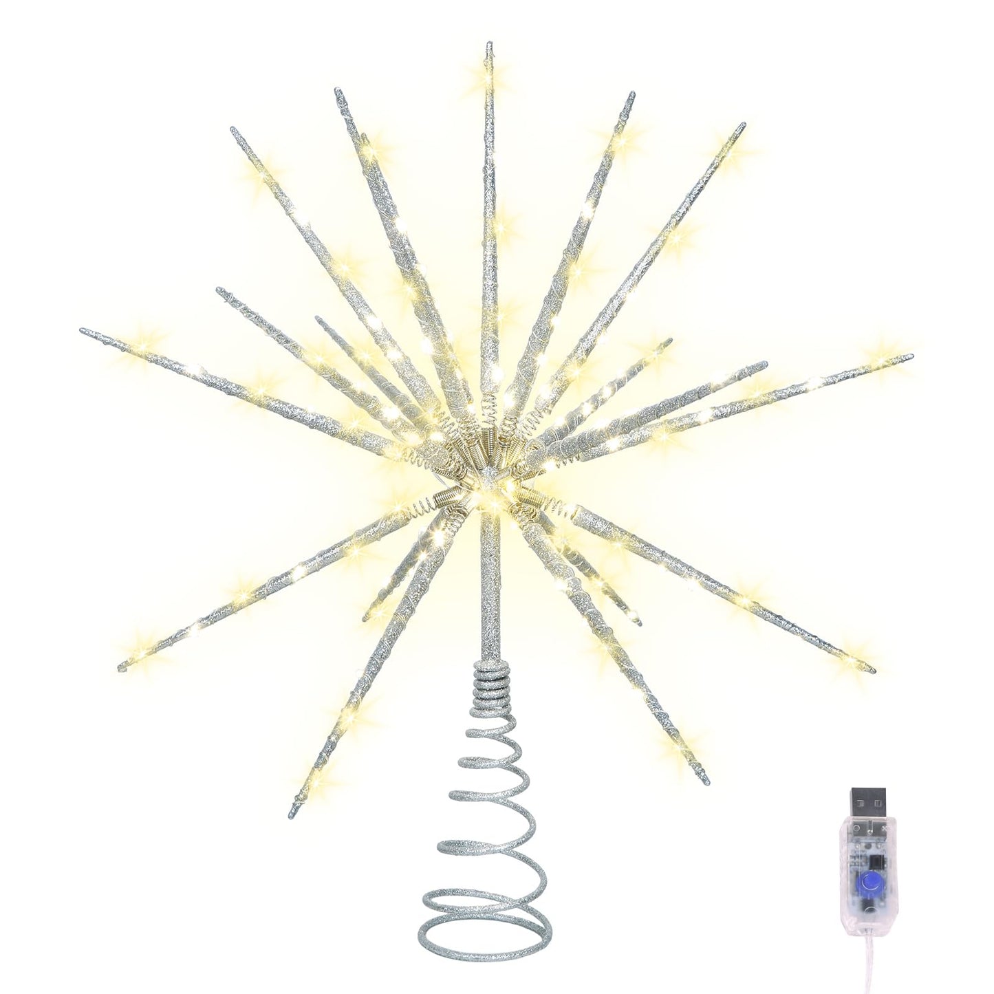 HMASYO 15 Inch Twinkling Starburst Christmas Tree Star Topper, 19-Point Silver Star Tree Topper with 150 LED, Remote Control & Timer, USB Power for Indoor Home Holiday Party Xmas Tree Decoration