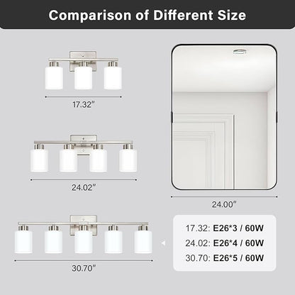 Brushed Nickel Bathroom Light Fixtures, 4-Light Modern Vanity Light Over Mirror, Wall Sconces with Milky White Frosted Glass Shades, E26 Socket (Bulbs Not Included)