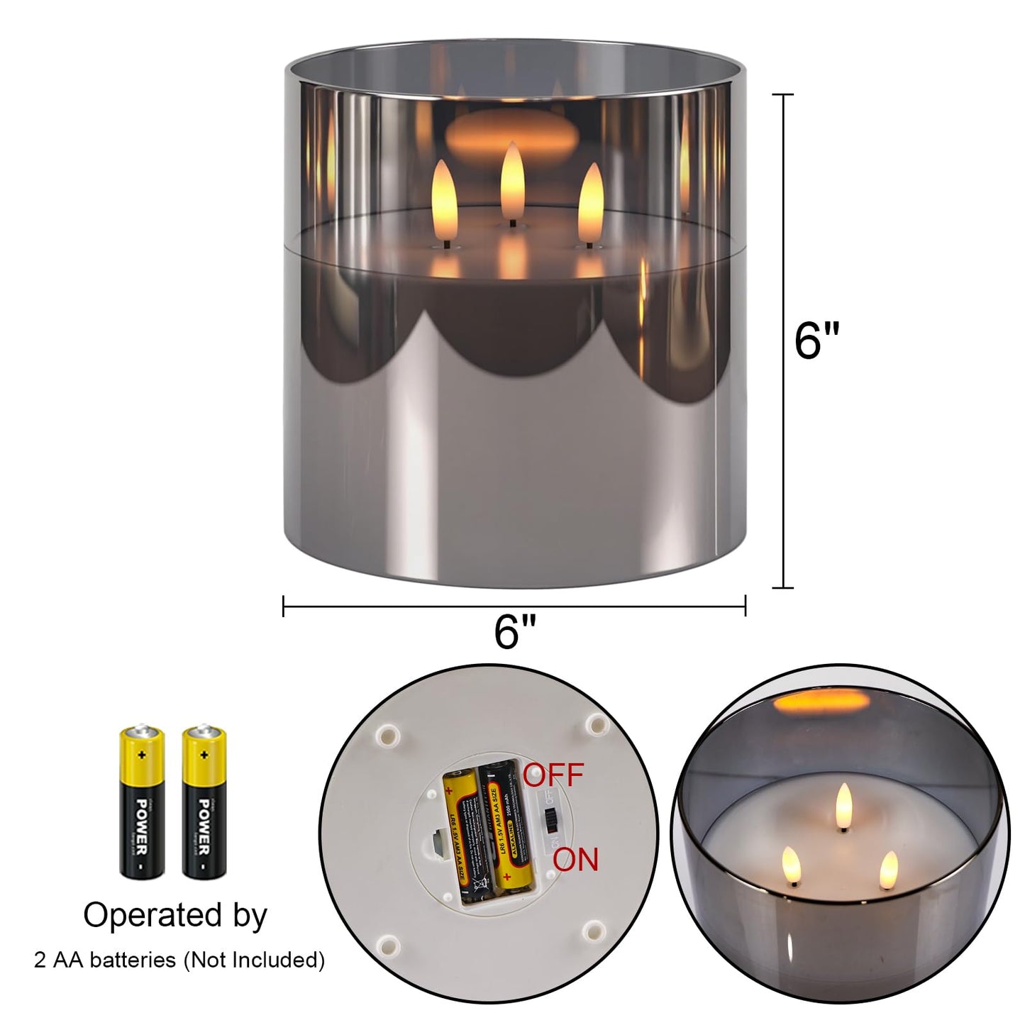 GenSwin 3 Wick Glass Flameless Candles with Remote Timer, Set of 1 Large LED Flickering Candle Battery Operated with 3D Flame, Large Pillar Candle for Halloween Christmas Home Decor(Black, D6”xH6”)