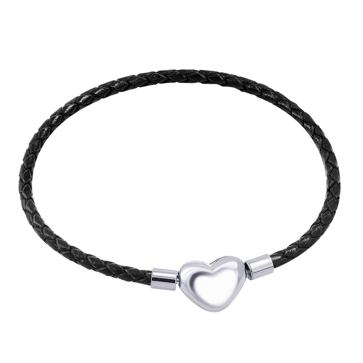 555Jewelry Stainless Steel Heart Charm Bracelet, Black Bracelet for Women, Braided Leather Charm Bracelet, Black Leather Bracelet for Women - Silver Heart, 6.5 Inch