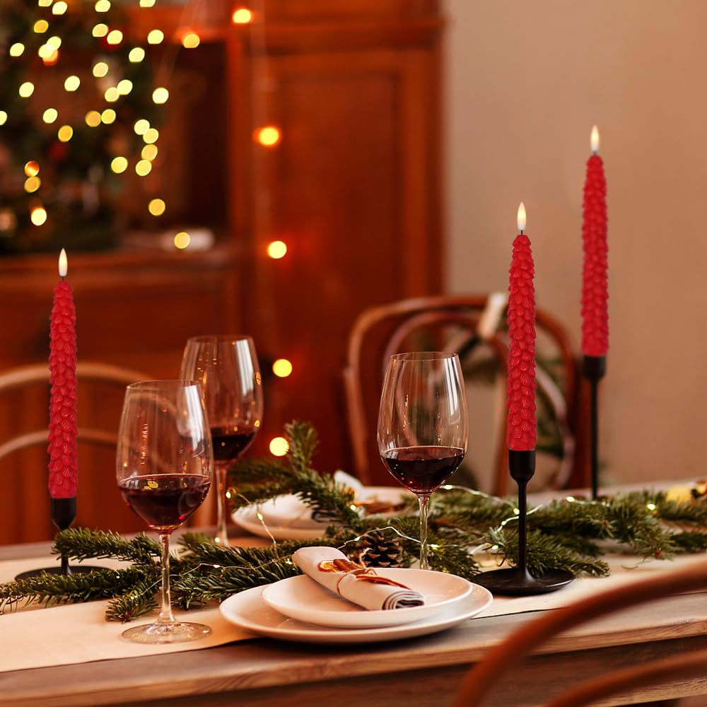 KunSwenn Christmas Tree Candles, 4 Pack Christmas Taper Candles with Remote Timer, Red LED Flameless Taper Christmas Candle Battery Operated for Holiday Xmas Decor(0.78” x 9.64”)