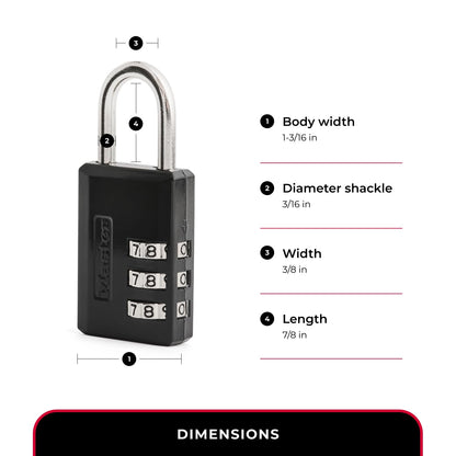 Master Lock Black Combination Padlock, Indoor Gym Locker Lock with Customizable 3-Digit Code for Luggage, Backpacks, Cabinets, 647BLKEC
