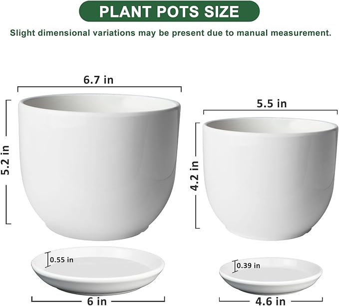 6.7 + 5.5 Inch Plant Pot, Ceramic Planter with Drainage and Saucer, Ceramic Pots for Plants, Indoor Plant pots,Succulent Pot Orchid Pots(Smooth White,Plant Pot Only)