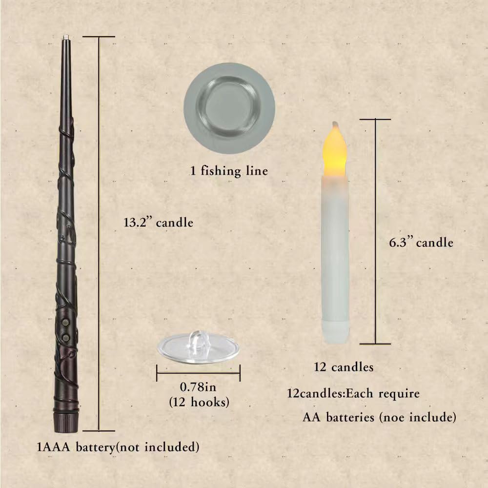 LONGSUOCHUANG 12 Pcs Floating Candles with Wand, Warm Yellow Flameless LED Taper Candles with Remote, Battery Operated Flickering Lights for Halloween Christmas Party Window Decor
