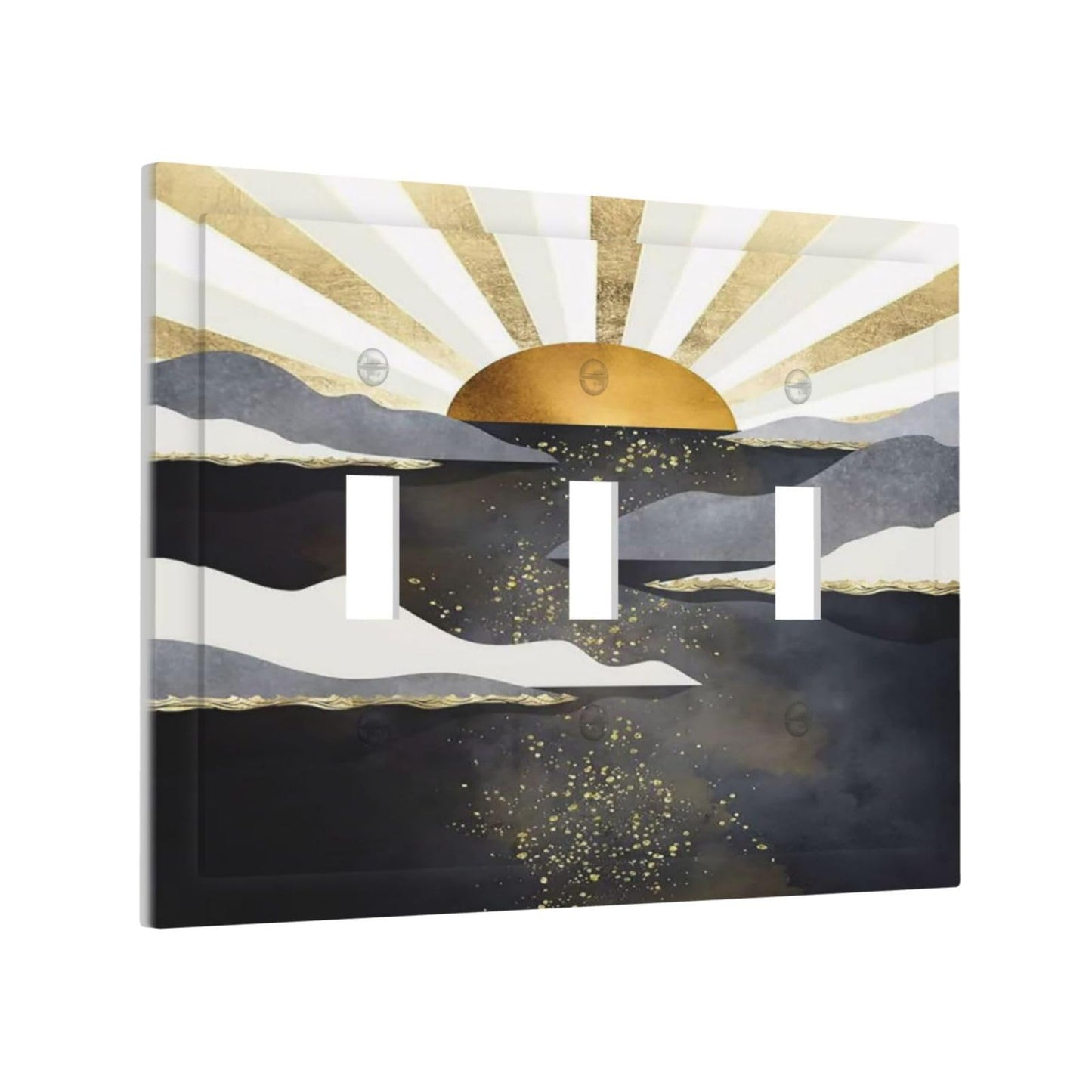 Mid Century Abstract Boho Gold Sun Sunrise 3 Gang Light Switch Cover Decorative Triple Toggle Wall Plate Electrical Faceplate Switchplate for Bathroom Bedroom Home Decor