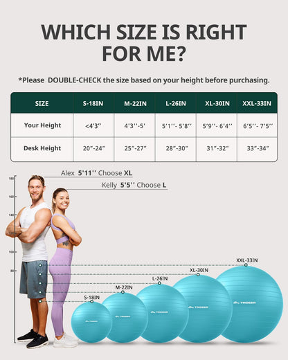 Trideer Extra Thick Yoga Ball Exercise Ball, 5 Sizes Gym Ball, Heavy Duty Ball Chair for Balance, Stability, Pregnancy, Quick Pump Included