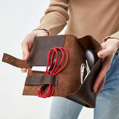 TORAKIP Leather Cable Case - Handmade Genuine Leather Cord Organizer Pouch, Travel Tech Accessories Bag for Chargers, Earphones & USB Cables, Compact Foldable Cable Holder, Brown