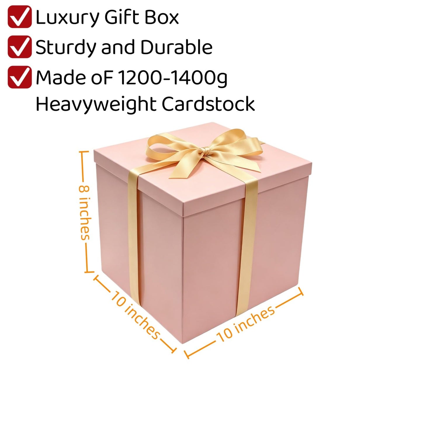 PACKGILO Gift Box 10x10x8 Inches，Pink Gift Box with Lid for Christmas，Anniversary，Birthday，Square Boxes with Crinkle Paper，Ribbon，Alphabet Stickers