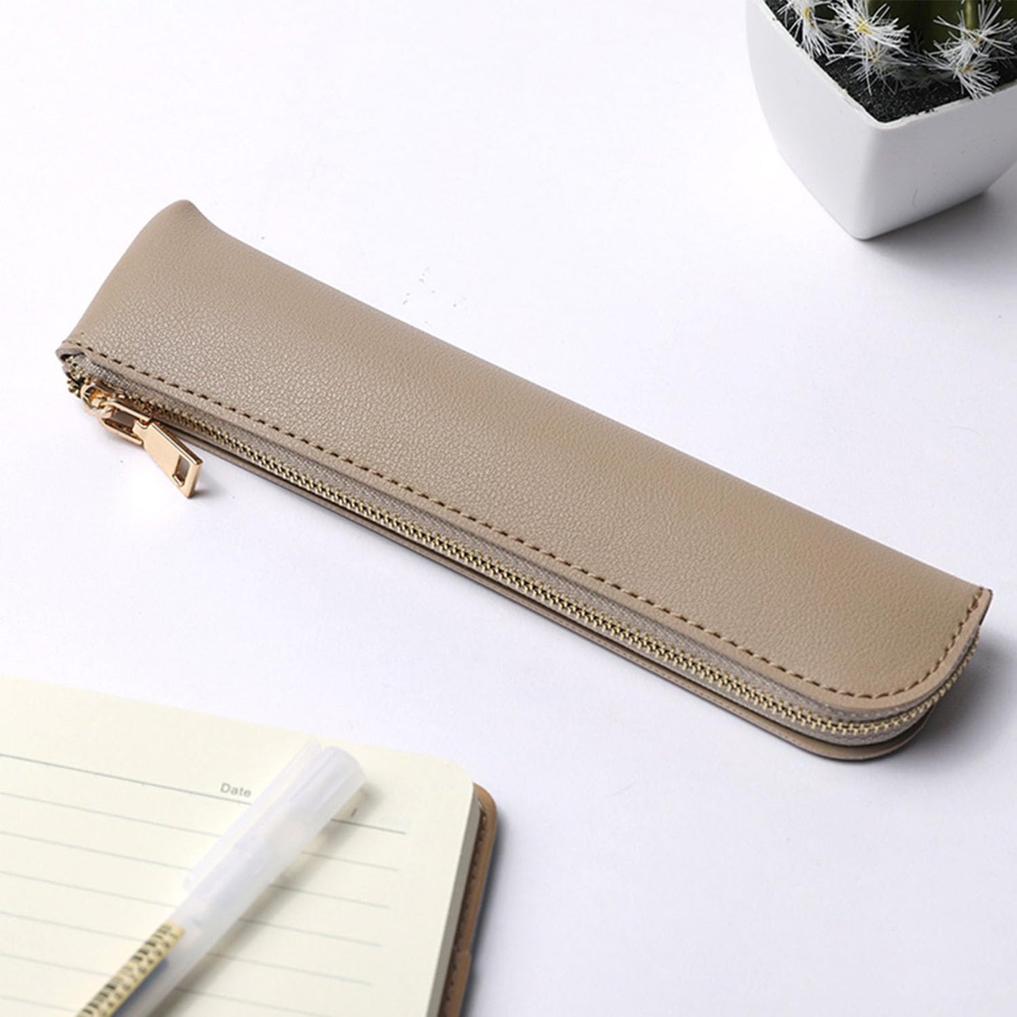 YONBEN Faux Leather Pencil Case Small Pencil Pouch Slim Pen Case Holder Zipper Bag for School Office(Black,Faux Leather)