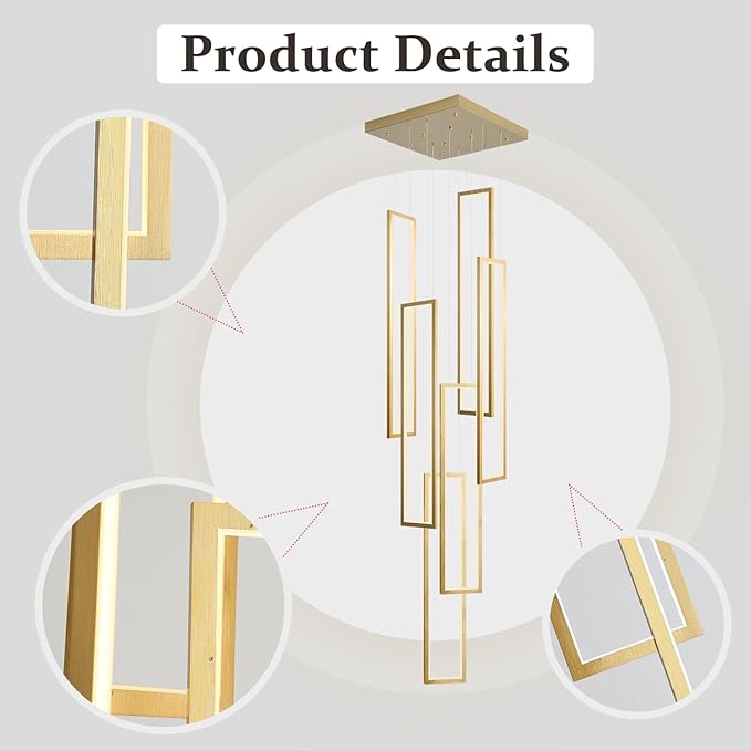 Flashing God Modern Chandelier,Gold Chandeliers with 6 Ring Led Foyer Chandeliers,Larger High Ceiling Chandelier for Living Room,Rectangle Chandelier for Entryway Staircase LED Dimming 2700k-6001k