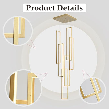 Flashing God Modern Chandelier,Gold Chandelier with 6 Ring Led Foyer Chandeliers,Larger High Ceiling Chandelier for Living Room,Square Chandelier for Entryway Staircase LED Dimming 2700k-6001k