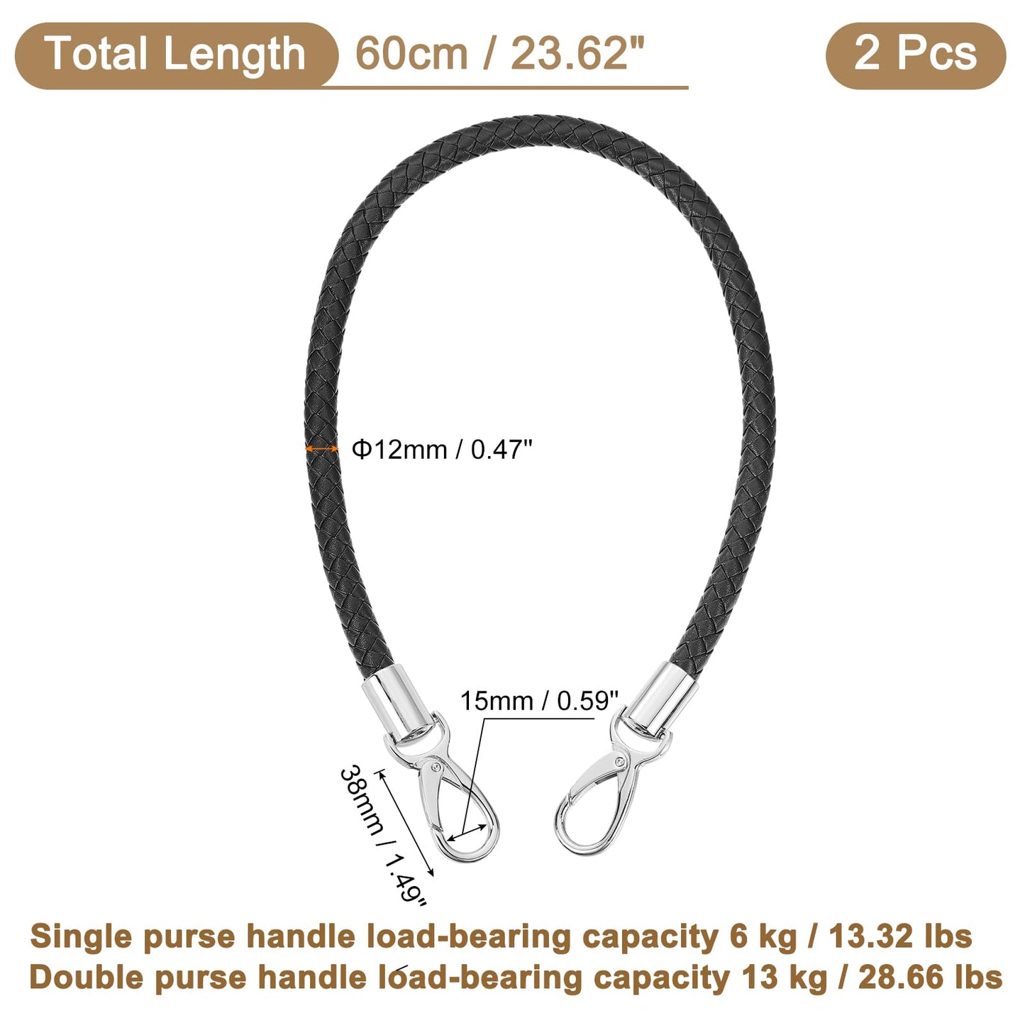 uxcell Leather Purse Strap, 2Pcs 60cm/23.62" Short Leather PU Braided Purse Replacement Handle with Metal Buckles for Underarm Bags, Handbags (Black Strap + Silver Clasp)