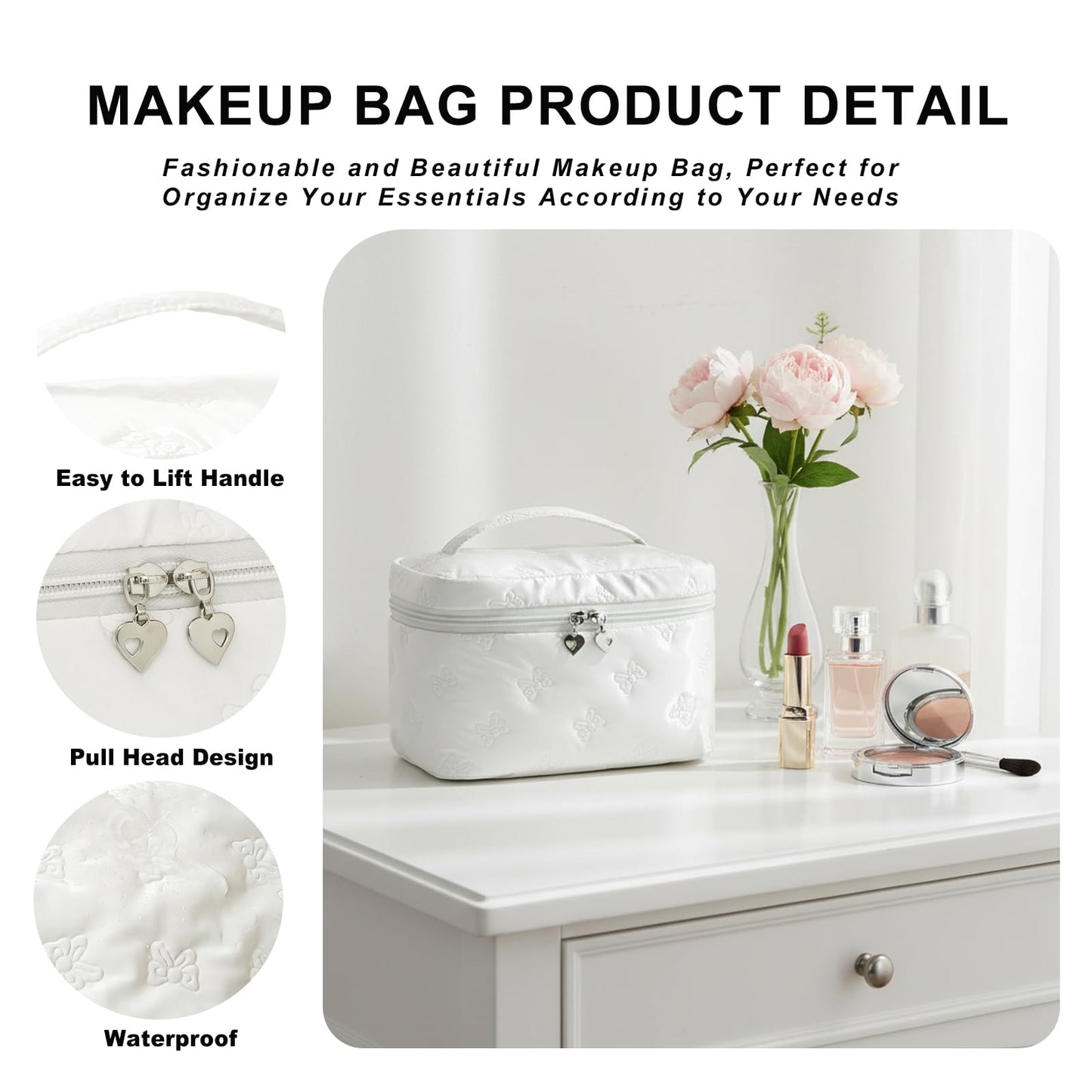 Alamealle Large Cosmetic Bags Travel Makeup Bag with Mesh Pocket Portable Cute Toiletry Bag Aesthetic Make Up Organizer with Handle for Women Girls (White)