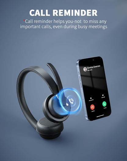 Wireless Headset with Mic for Work, Bluetooth 5.3 Headset with AI Noise Cancelling Microphone & Call Reminder, Wireless Headphone with Voice Assistant for PC/Computer/Remote Work/Call Center/Zoom