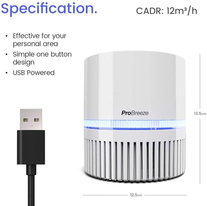 Pro Breeze Small Air Purifier HEPA - Air Purifier with True HEPA Filter, 99.7% Smoke, Dust, Pollen, with Night Light and Negative Ion Generator - Desktop Air Purifiers for Bedroom, Room, Home Office