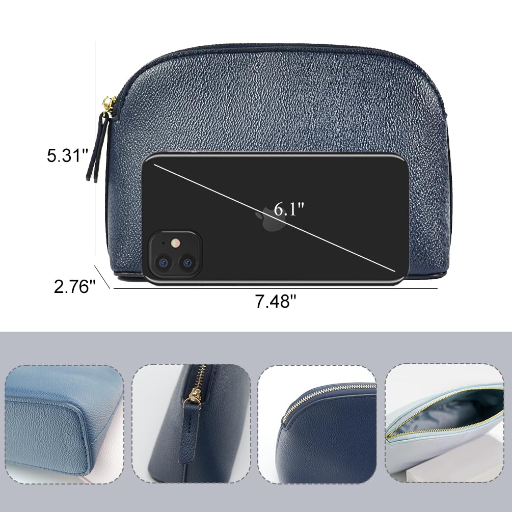 kamumanni Makeup Organizer for Women, Travel Cosmetic Storage Bag with Zipper Pu Leather Pouch for Purse (Navy Blue)
