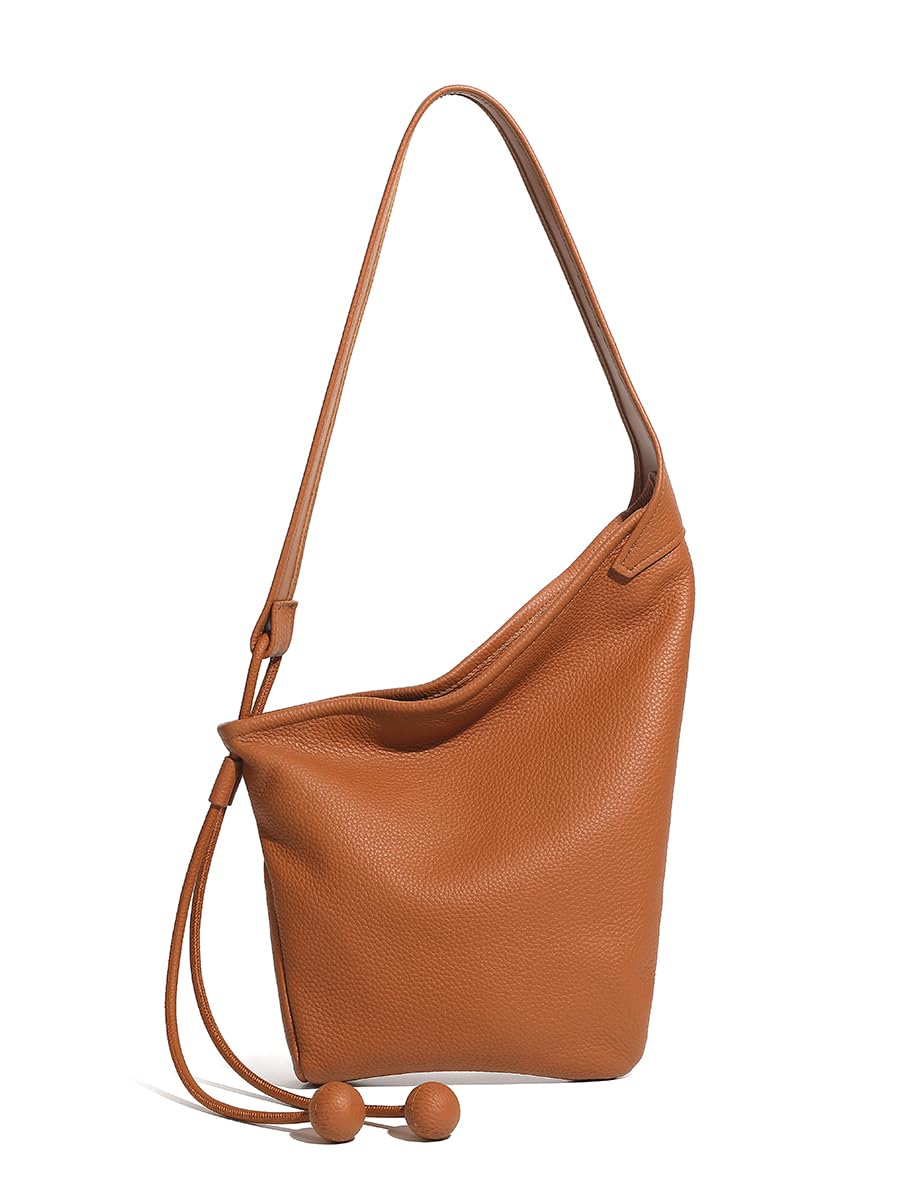 MFFOR Genuine Leather Hobo Bags, Purses for Women, Medium Tote Handbags, Slouchy Shoulder Purse with Adjustable Strap(Golden Brown)