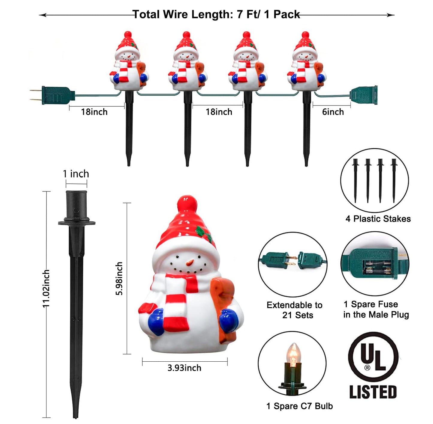 Christmas Snowman Pathway Stakes Lights 7Ft C7 Outdoor Landscape String Light with 4 Snowman Driveway Markers(E12 Base 5w) for Patio Yard Garden Lawn Decoration 1 Pack, White
