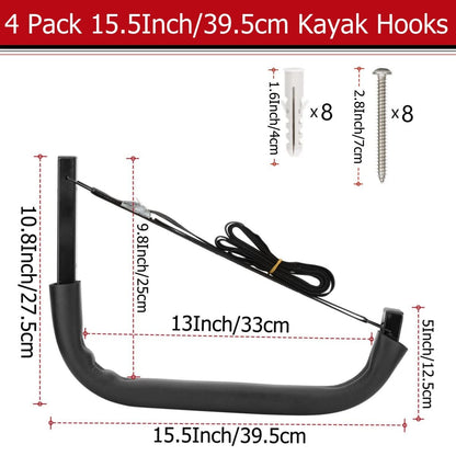 Kayak Storage Hooks, Wall Mount Garage Canoe Storage Hangers for Kayaks or Paddleboards, Heavy Duty Wall Rack (150LBS Capacity)