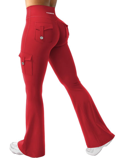 YEOREO CoreFlex Women Workout Flare Leggings with Pockets Hidden Scrunch Cargo Gym Yoga No Front Seam Leggings Red XS