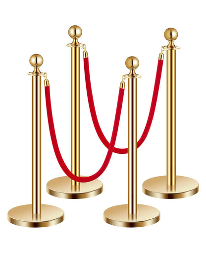 VEVOR Stanchions and Velvet Ropes 4Pcs, Hollow Base with Stainless Steel Post, 2 Red Velvet Ropes and Posts, Crowd Control Barriers Gold Stanchions, Red Carpet Runner Poles for Party Supplies