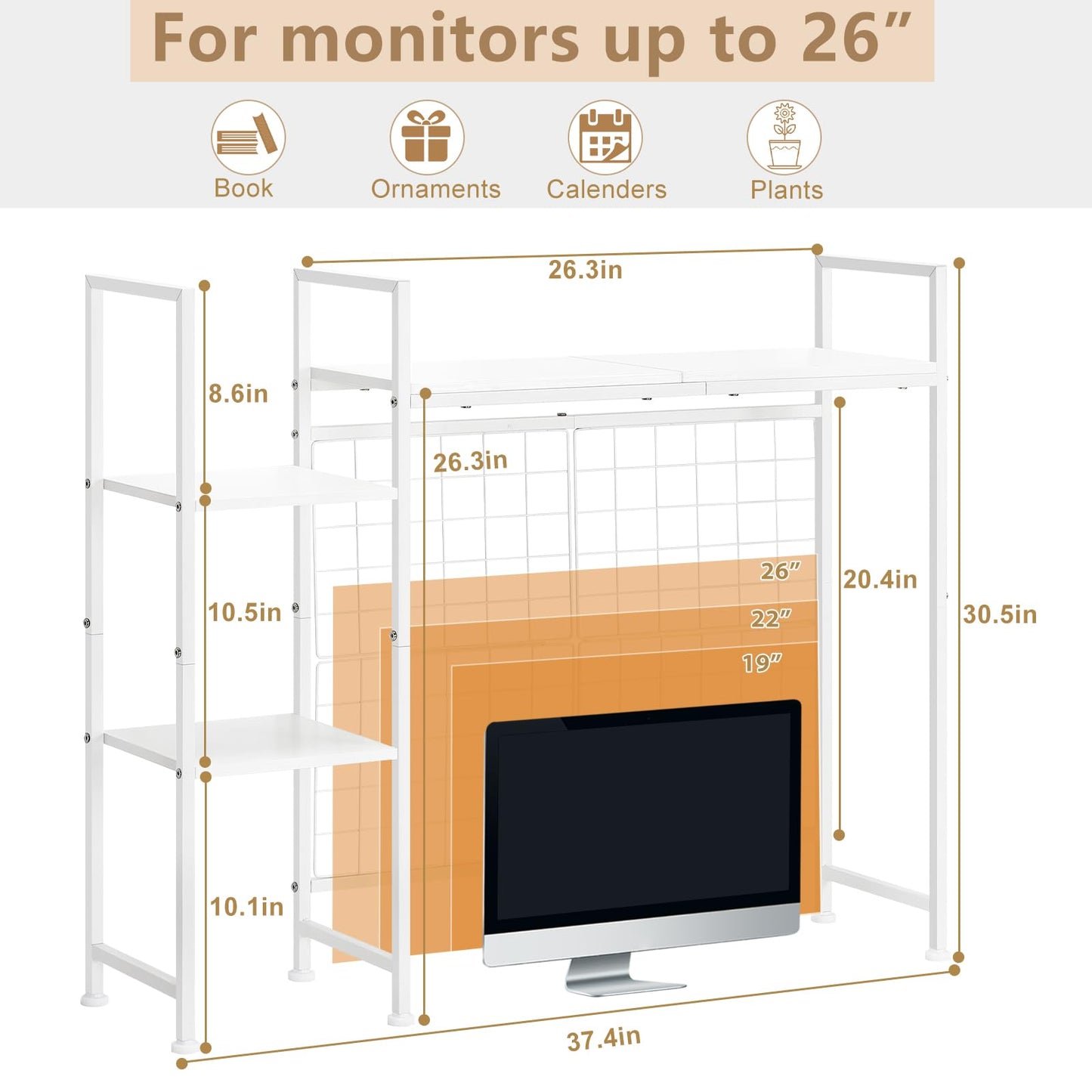 NOVIMANGO Desktop Bookshelf Organizer, Computer Desktop Bookcase, White Desk Hutch Dorm, Multipurpose Wood Desktop Hutch Storage Organizer, 3-Tier Wood Desk Bookshelf for Home Office Dorm