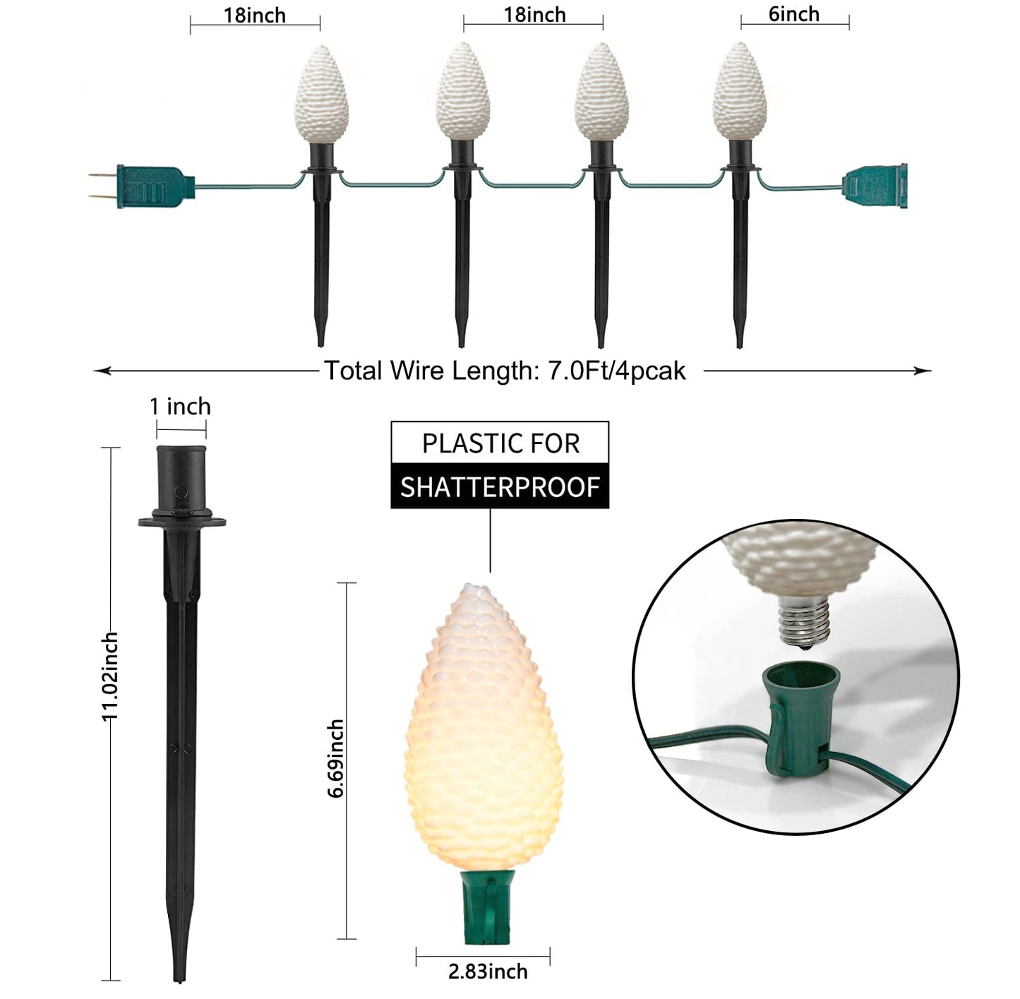 C9 Christmas Pinecone Path Marker Light,1 Pack 7 Ft Expandable Path Light String with 4 LED Pinecone Lights with 4 Stakes Waterproof Christmas Lawn Walkway Lane Marker Lighting Decoration, Green Wire