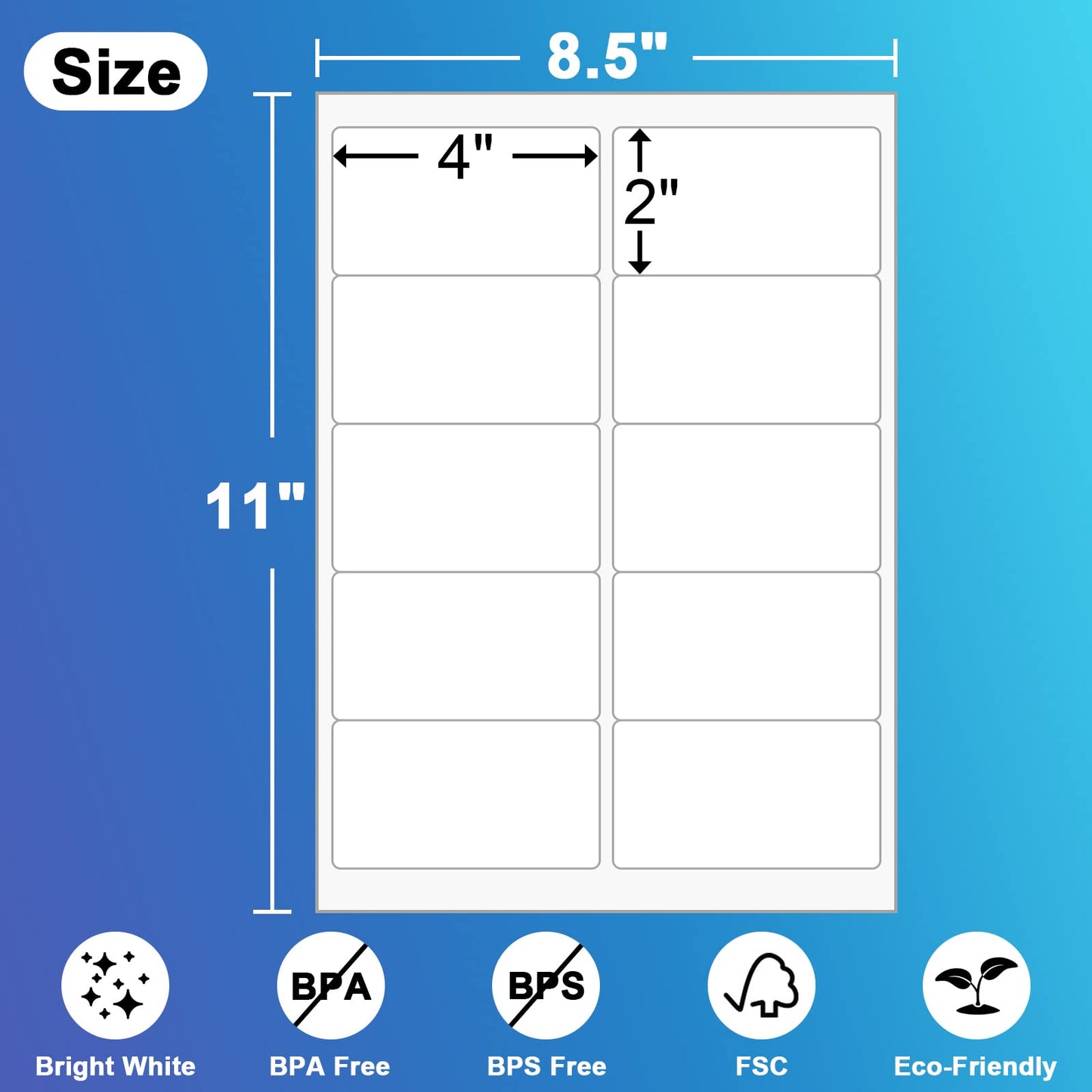 2" x 4" Shipping Labels, Printable White Sticker Labels for Laser/Inkjet Printer Mailing Labels 8.5"*11" US Letter-White, 10 per Sheet Total 1000 Labels (100 Sheets)