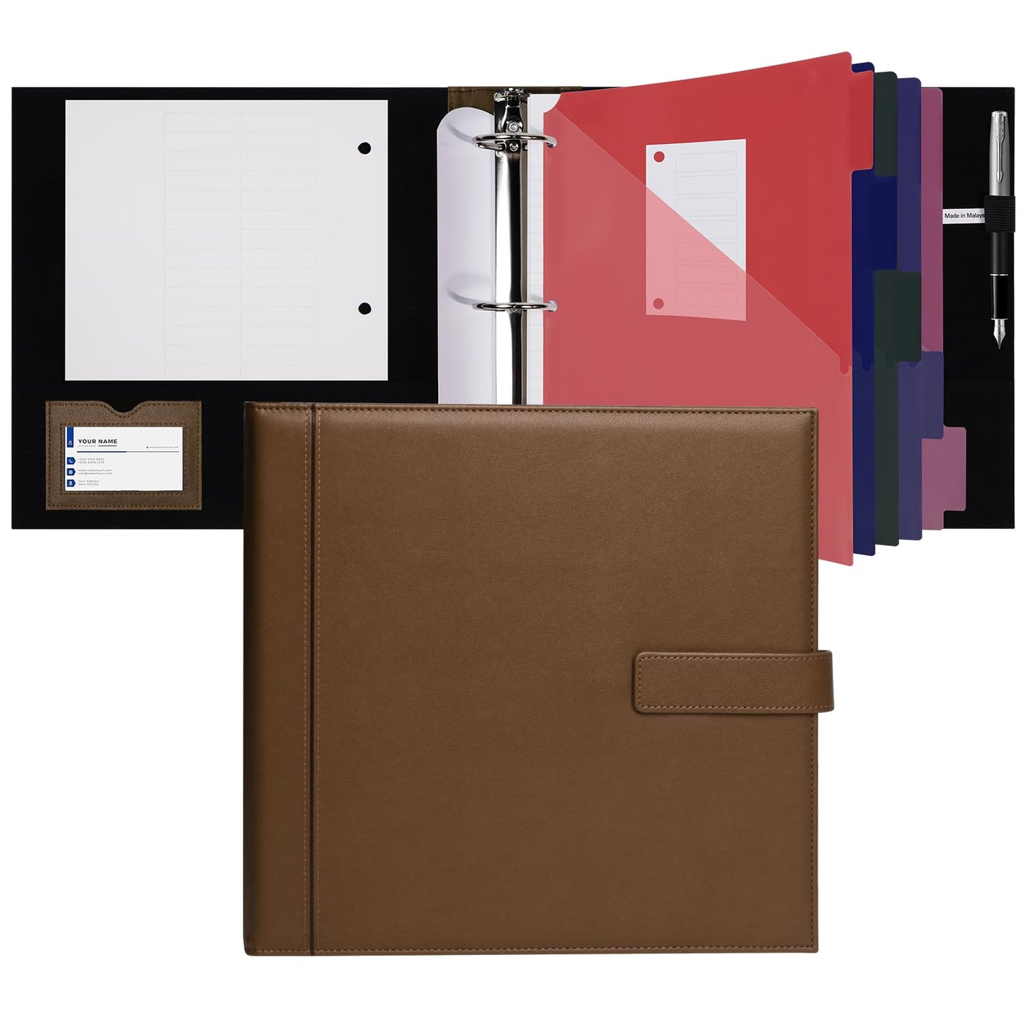 POPRUN PU Leather 2 Inch 3 Ring Binder, Professional Business Organizer- Includes PP Dividers, 100GSM / Grade AA Filler Papers, Card &Sticker for Tab- Ideal for Office Presentation Meetings, Brown