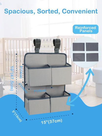 KIKJOK Hanging Diaper Organizer for Crib/Playpen/Bassinet – Hold 80+ Diapers - 4 Deep Pockets-H19in x L15 in Changing Table Diaper Holder - Hanging Diaper Stacker Nursery Caddy Organizer - Grey