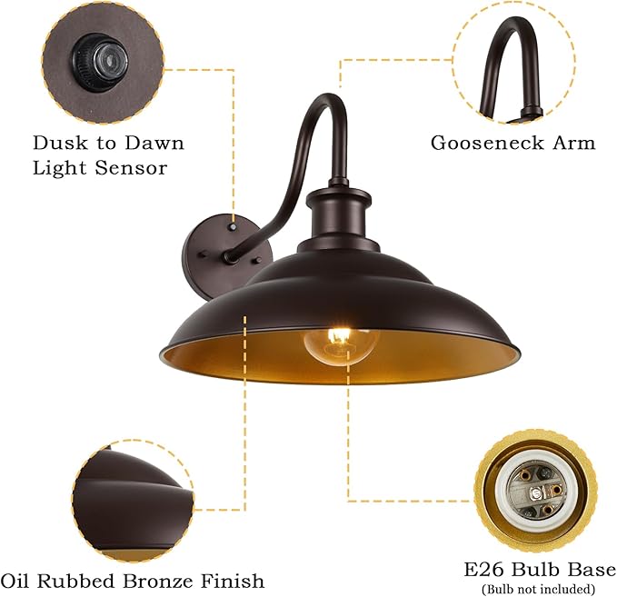 Dusk to Dawn Outdoor Gooseneck Barn Light Fixture, 16 Inch Dome Large Wall Sconce Farmhouse Exterior Wall Mount Light for House Garage Patio Doorway, 2 Pack