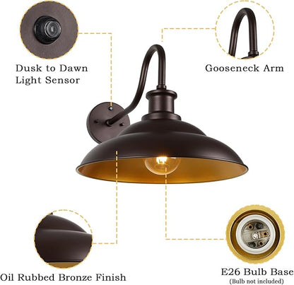 Dusk to Dawn Outdoor Gooseneck Barn Light Fixture, 16 Inch Dome Large Wall Sconce Farmhouse Exterior Wall Mount Light for House Garage Patio Doorway, 2 Pack