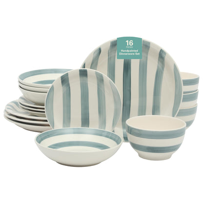 Gibson Home Queenslane 16 Piece Double Bowl Plates and Bowls Dinnerware Sets - Matte Blue