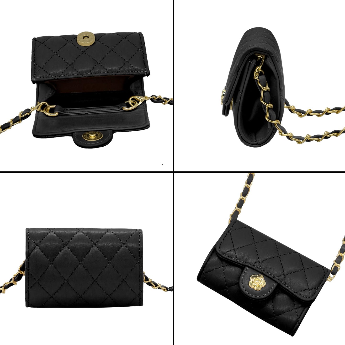 YAMEIZE Mini PU Leather Chain Belt Bag for Women Quilted Waist Purse Crossbody Fanny Pack Detachable Belt Chain