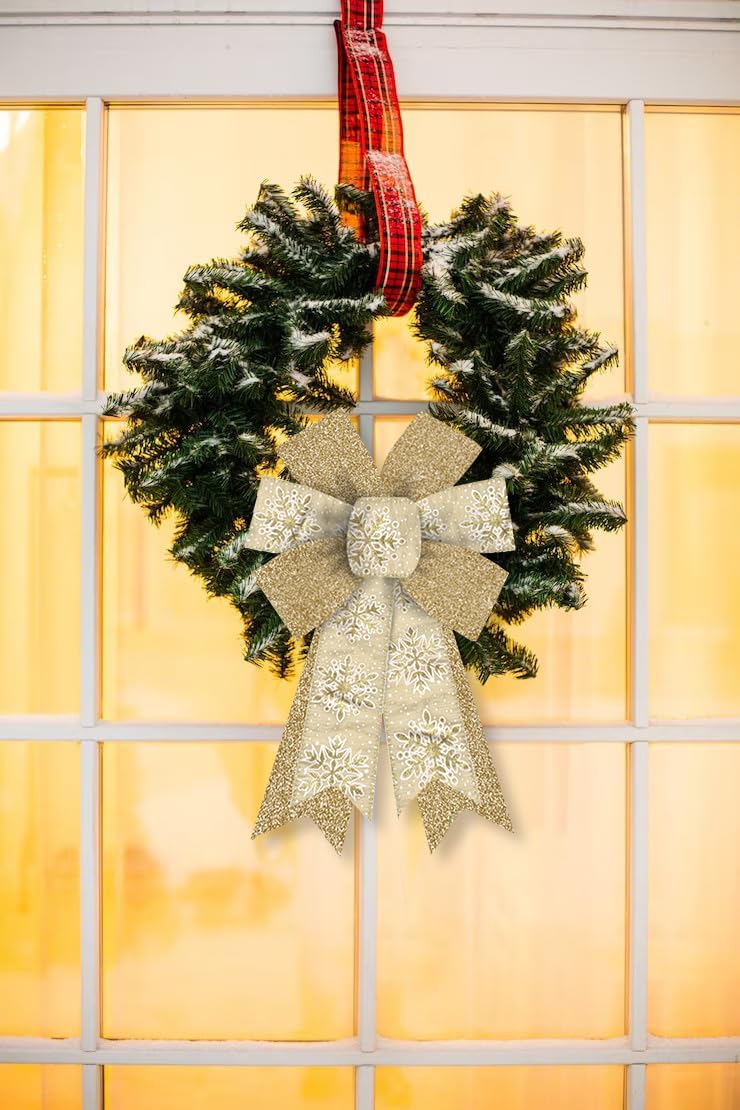 Hying 2 Pieces Christmas Bows for Wreath, Christmas Wreath Bow Glitter Golden Xmas Bows Winter Snowflake Craft Bows Ornaments for Front Door New Year Christmas Party Decoration Supplies