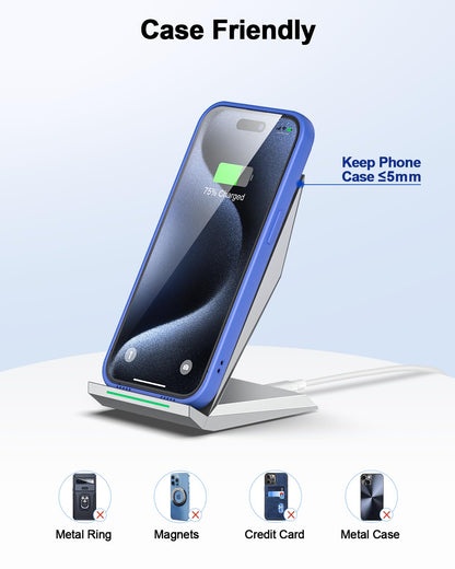 Fast Wireless Charger, NANAMI 15W Qi Certified Wireless Charging Stand Compatible iPhone 17/17 Air/16/15/15 Pro/15 Plus/15 Pro Max/14/13/12, for Samsung Galaxy S25/S24/S23/S22/S21 and Qi-Enabled Phone