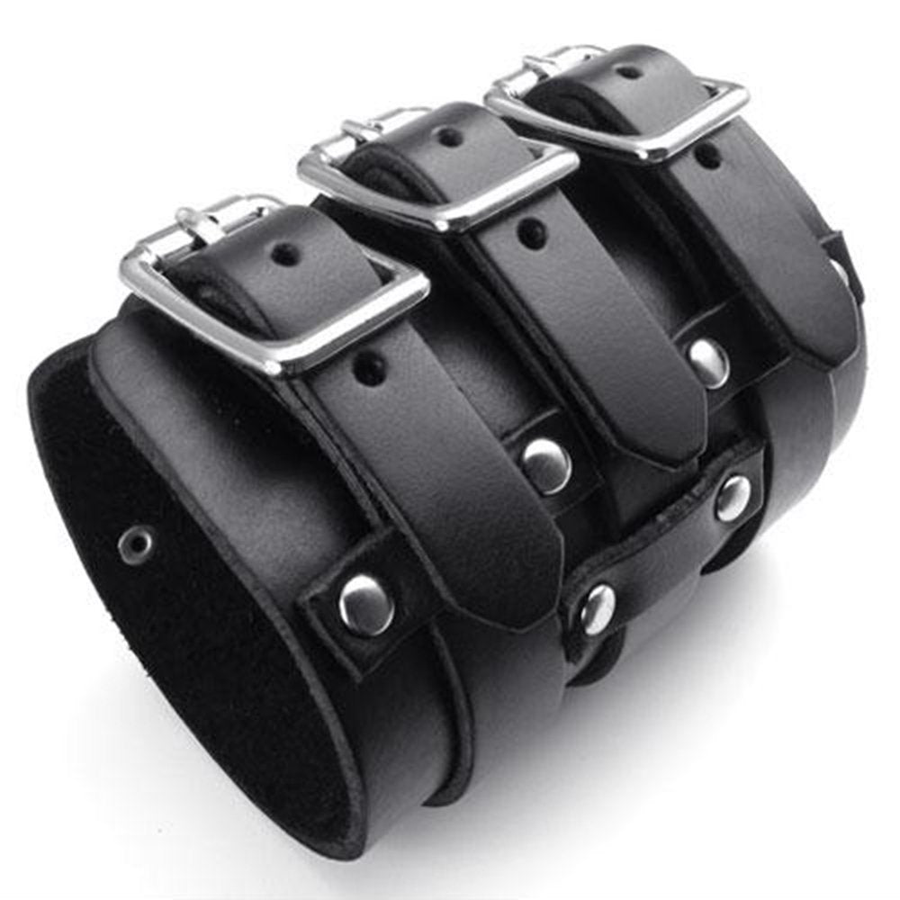 jonline24h Wide Genuine Leather Triple Strap Men's Bangle Cuff Bracelet Wristband Punk Rock Adjustable Fits 7.5" to 9" Black