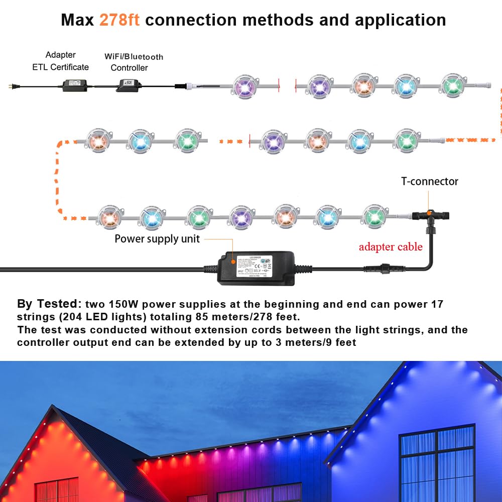 Sumaote Permanent Outdoor Lights 150ft, Smart RGB+IC Smart Christmas House Lights 108 LED Waterproof Music Sync Eave Lights for Christmas, Holiday Decor, Compatible with Alexa Google Assistant