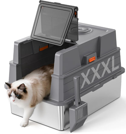 XXXL Stainless Steel Litter Box with Lid,28" L x 20.5" W x 16.5" H Extra Large Cat Litter Box Enclosure for Large and Multi-Cats Families,Non-Sticky, Anti-Leakage, Easy to Clean(Gray)