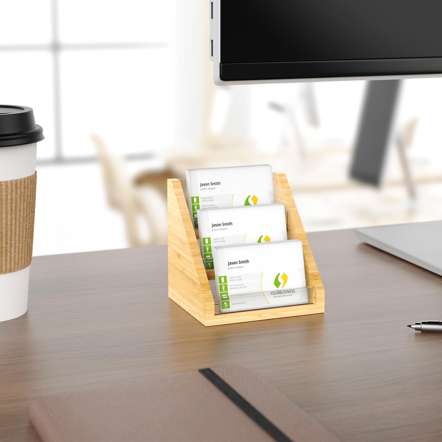 Sleek Bamboo Acrylic Business Card Holder for Reception, Office Desk, Meetings, Trade Shows, Home Office, Versatile Use Professional Display, Natural Modern Blend Elegant Organizer (3 Tiers)