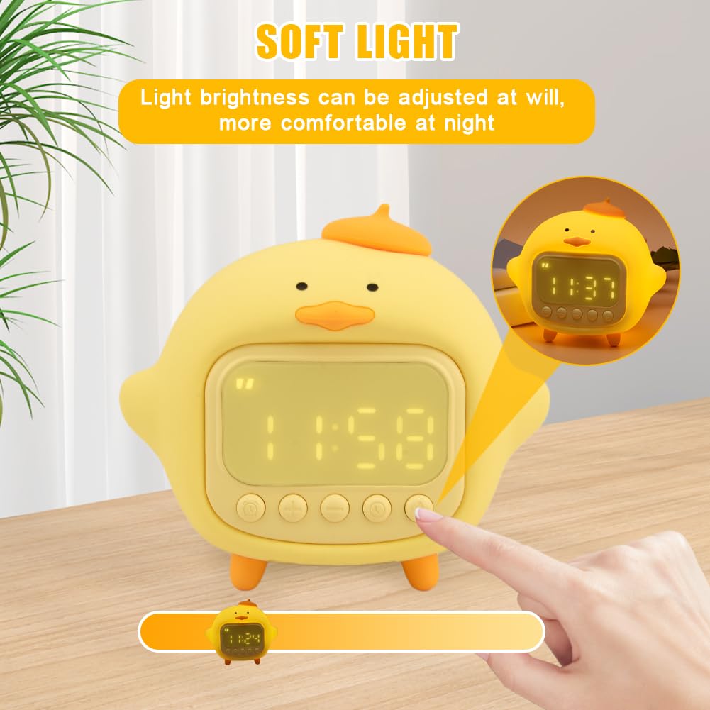 LVOERTUIG Cute Duck Alarm Clock for Kids, Digital Clock, Night Light, Children's Wake Up Lamp, Silicone Rechargeable Alarm Clock Lamp for Bedroom Decor, Birthday Gift (Yellow)