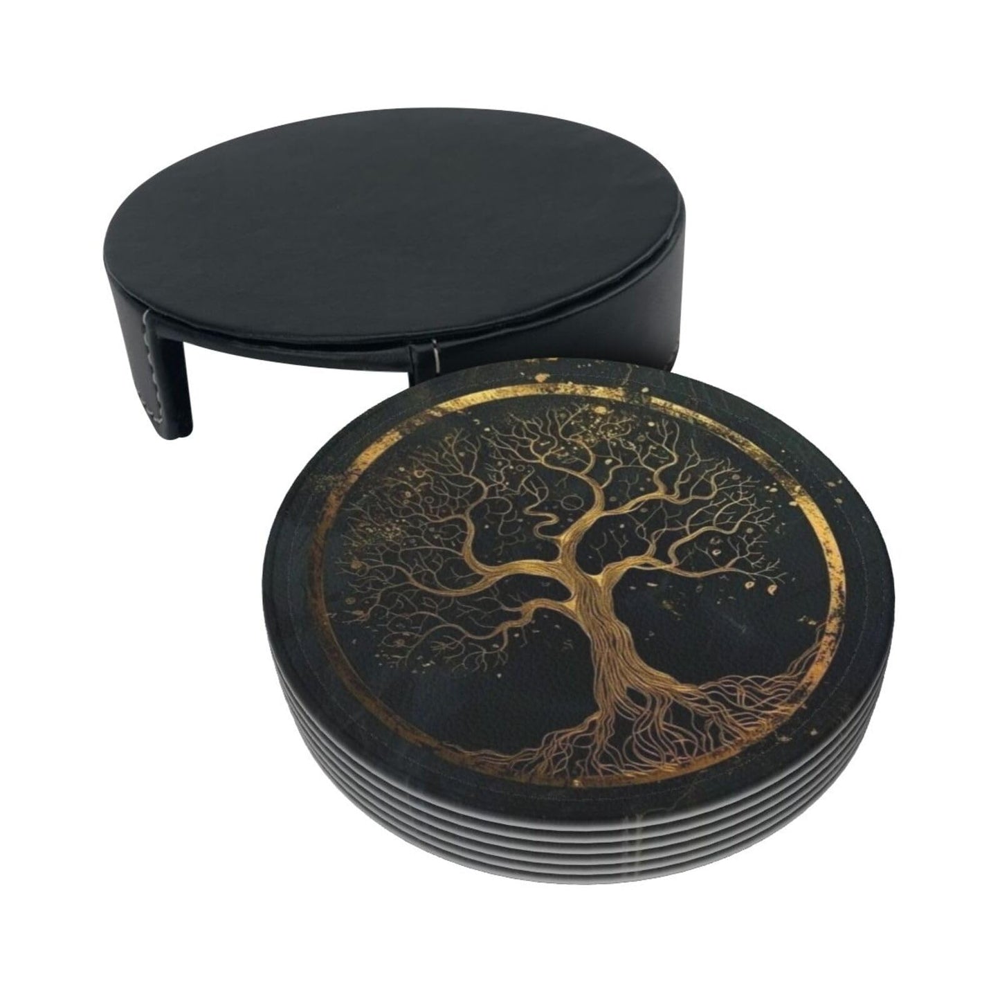 BOXIMIAO Drink Coasters with Holder Stand Set of 6, Marble Gold Tree of Life Pu Leather Absorbent Coasters with Cork Base Table Round Coaster for Housewarming Apartment Kitchen Bar Decor