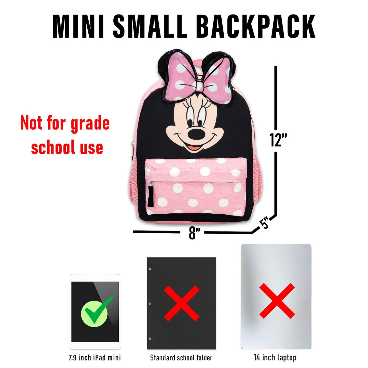 Disney Minnie Mouse Backpack for Girls Toddlers Kids - Bundle with 12" Preschool Toddler Backpack with Ears, Bow, and Stickers (Minnie Mouse School Supplies)