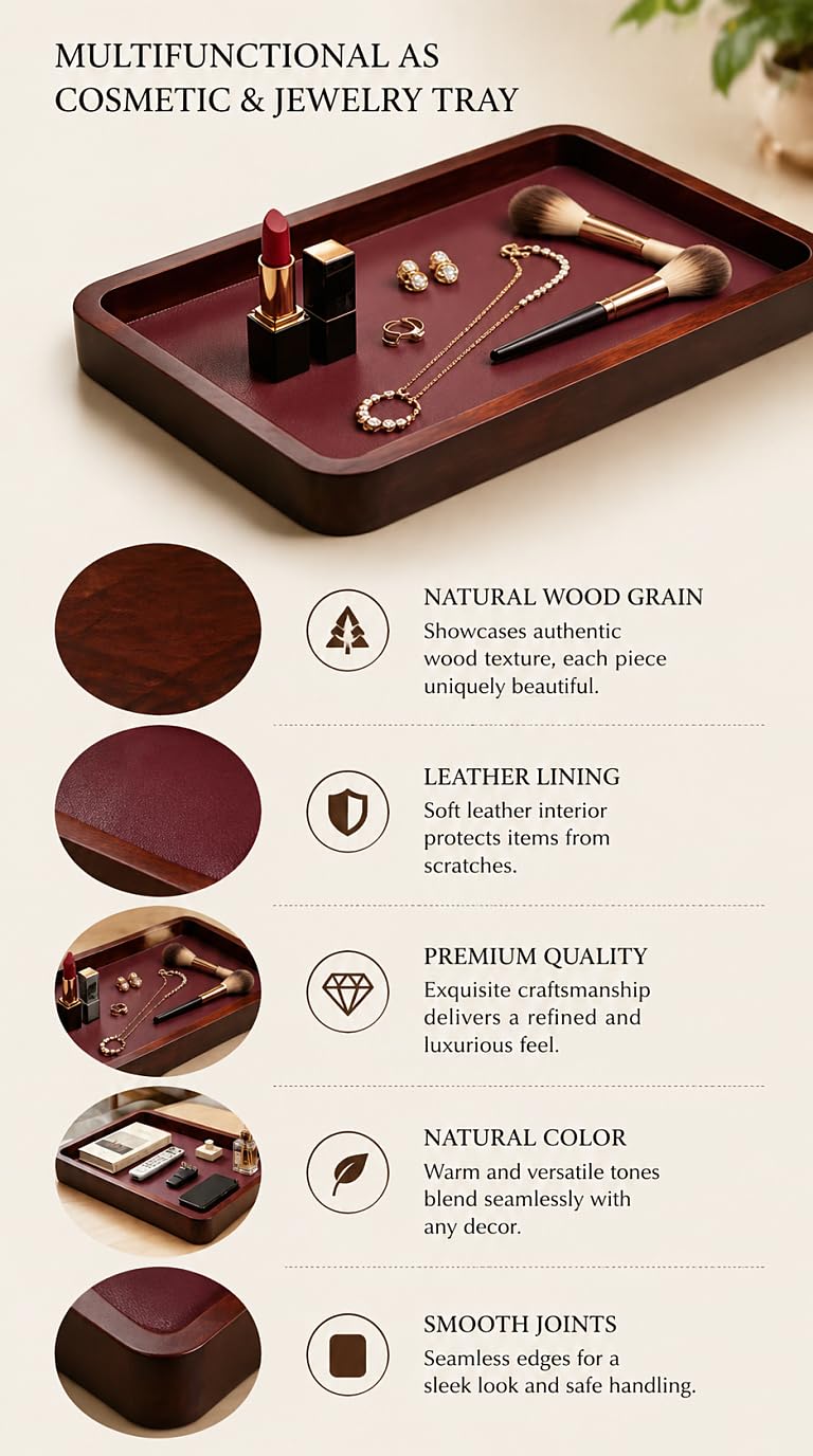 Valet Tray-Light Brown Wood Decorative Key Tray, Bedside Dump Holder.Catch All Tray Tray Decorative for Trinkets,Watches,Keys,Sunglasses.