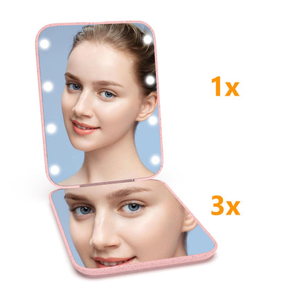 Kintion Pocket Mirror, 1X/3X Magnification LED Compact Travel Makeup Mirror with Light for Purse, 2-Sided, Portable, Folding, Handheld, Small Lighted Mirror for Gift, Pink