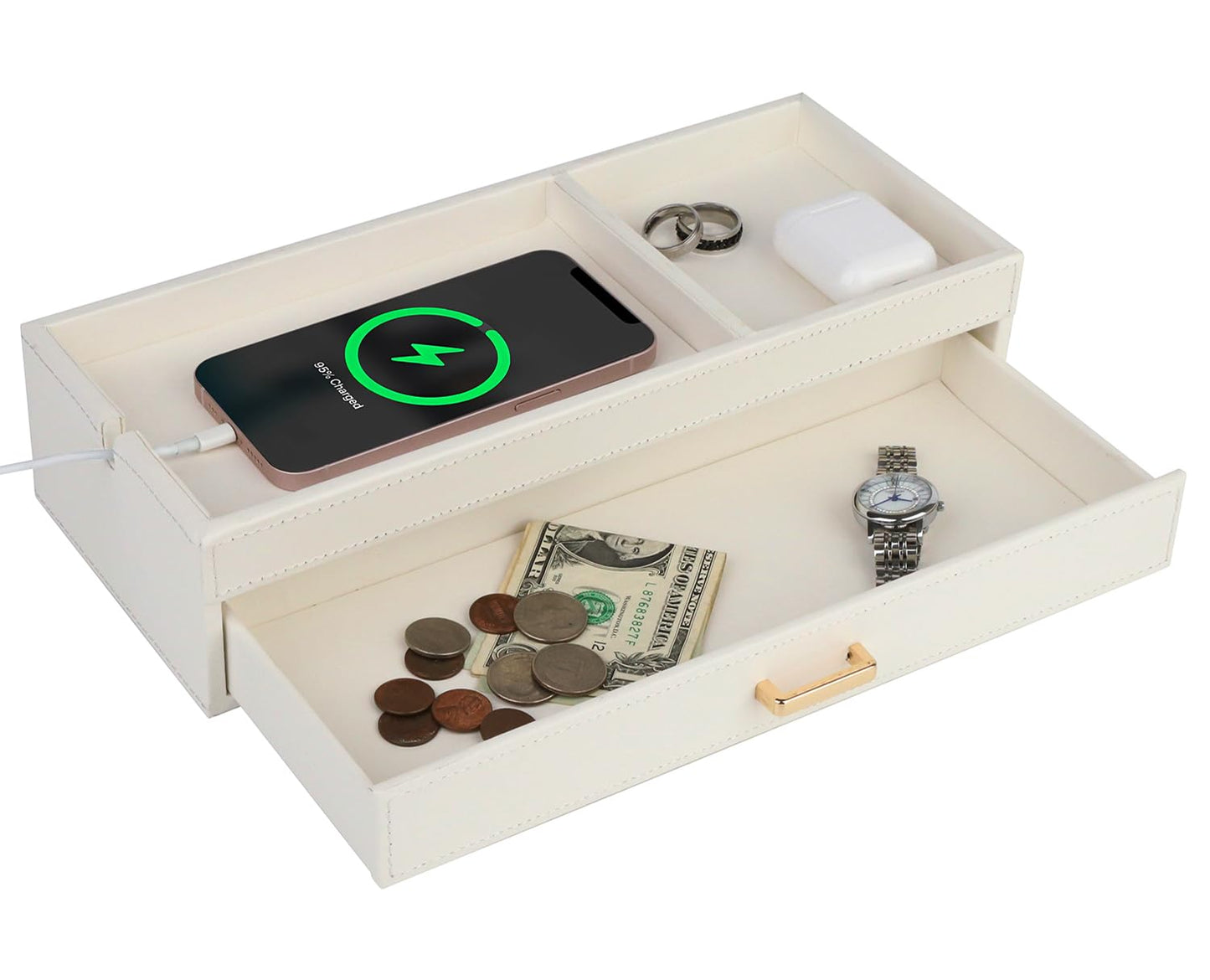 HofferRuffer Valet Jewelry Tray Organizer with Drawer, Faux Leather Storage Catchall Box Phone Charging Station Tray with Dresser Nightstand Desktop Drawer Organizer (White)