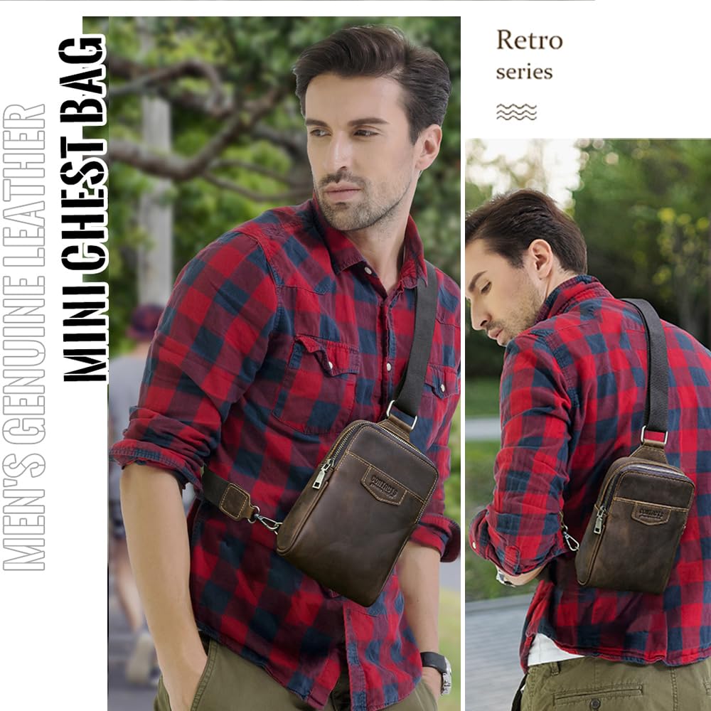 CONTACTS Full Grain Leather Sling Bag for Men Small Crossbody Chest Bag Casual Shoulder Daypack Travel Phone Purse Side Bag